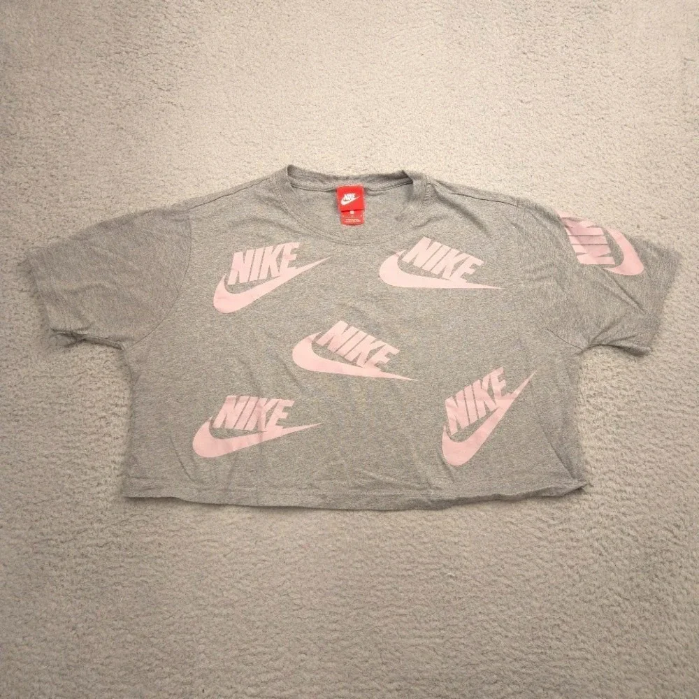 Nike Futura Toss Cropped Tee Womens L Grey Pink Logo 100 Cotton Short Sleeve